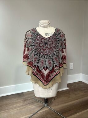 Y2K Boho Paisley Chiffon Poncho in Burgundy, Black & Beige